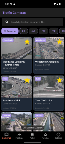 SG Live Traffic Camera app showing live Singapore traffic cameras